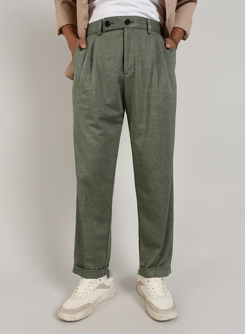 كامبوس سوترا Men's Olive Green Tailored Heathered Trousers For Casual Wear | Tailored-Fit | Mid-Rise | Button Closure | Trousers Crafted With Comfort Fit For Everyday Wear